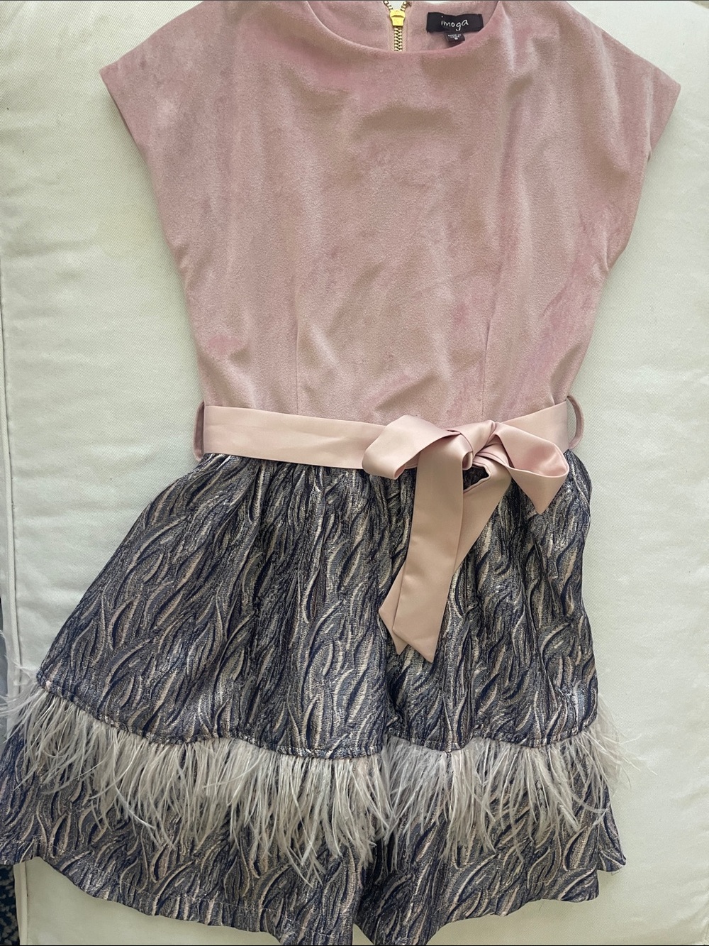 IMOGA Girls Size 8 Pink Bodice and Navy Patterned Skirt Party Dress with Ribbon